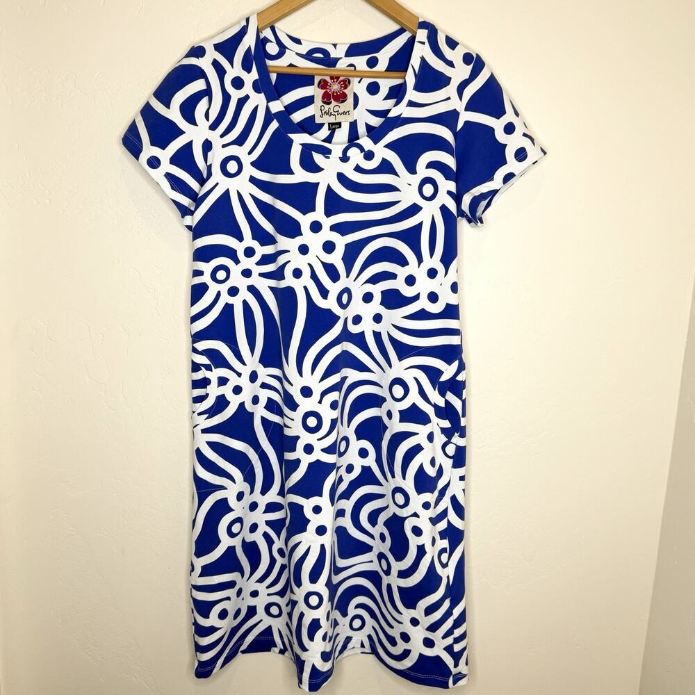 Lesley Evers Mod Retro Shift Midi Dress Womens Large Blue Print Short Sleeve